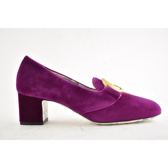 Gucci Victoire Fucsia Velvet Double GG Logo Block Mid Heel Mule Loafer Pump 36.5 - Picture 3 of 13